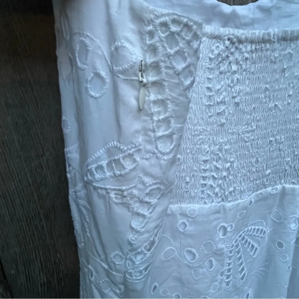 LOFT NWT White Shell Eyelet Cotton Smocking Spaghetti Strap Midi Dress Size 14 - Picture 7 of 10